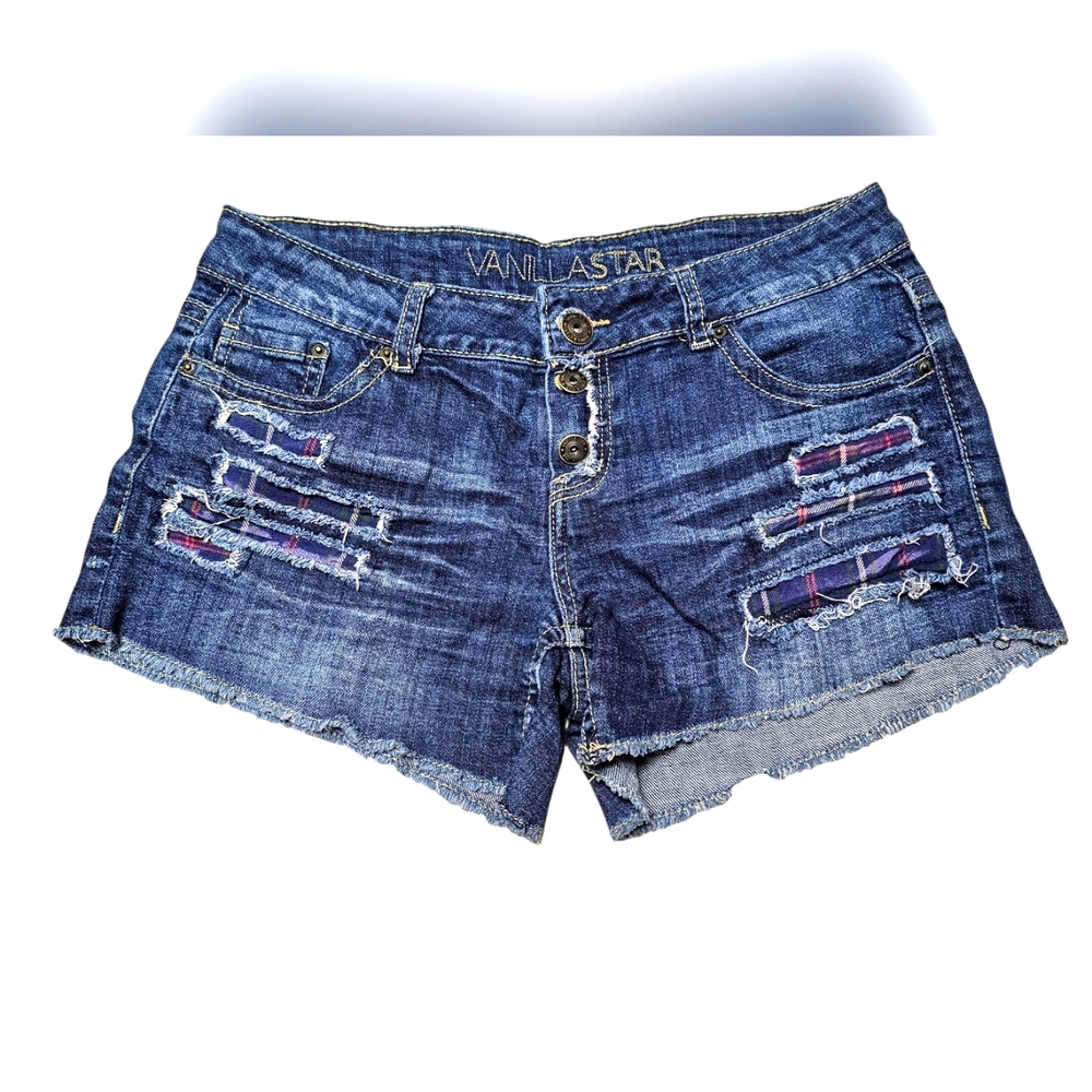 Vanilla Star Jean Denim Shorts Size 9 Distressed Plaid Patchwork Grunge … - Picture 2 of 8